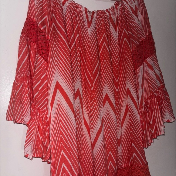 Massini Tops - Off the shoulder coral and White bell Sleeve Blouse